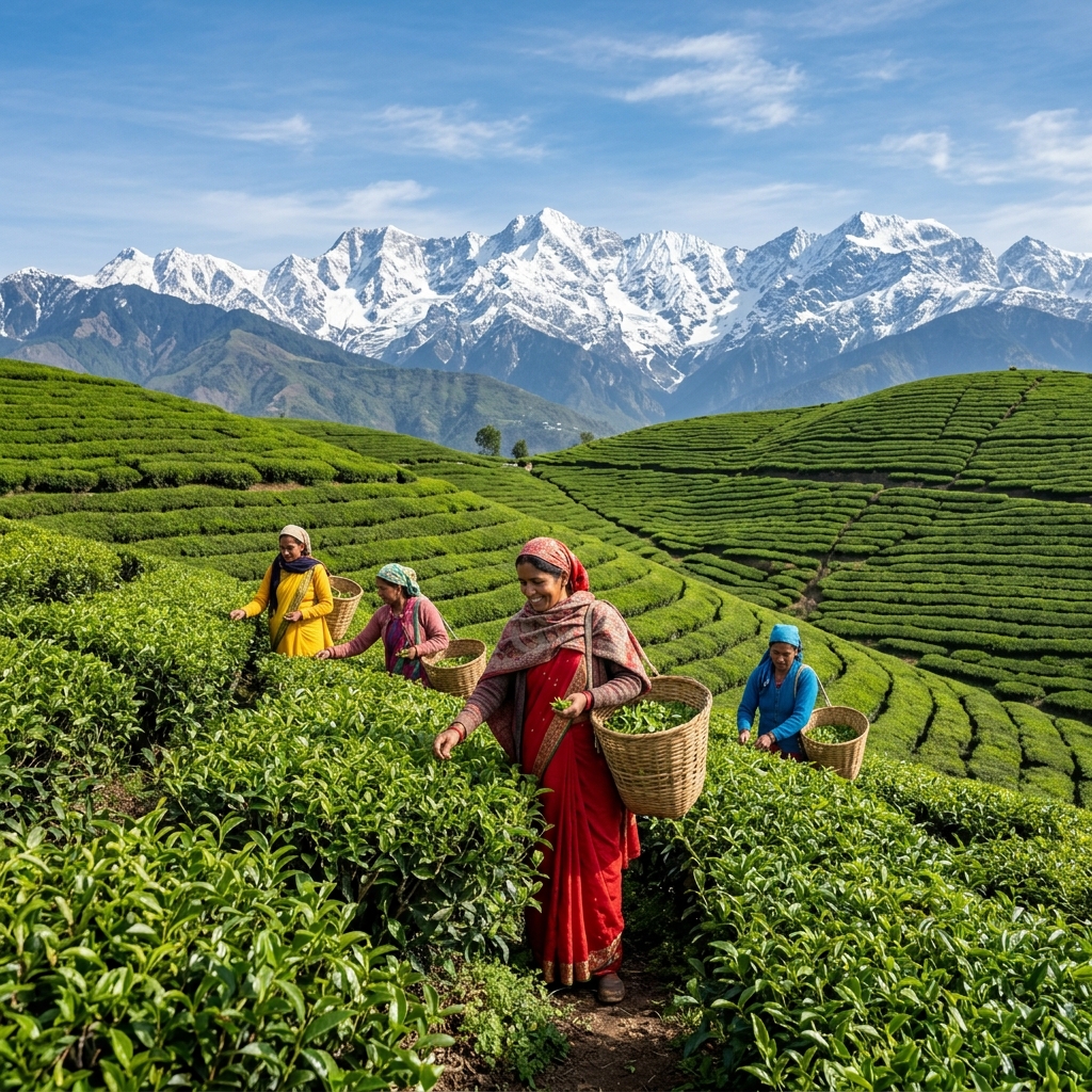 Lush green tea gardens representing beautiful stays in Palampur